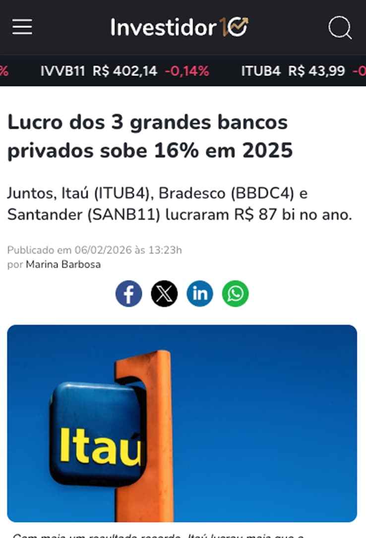 CNN Brasil — Lucro dos três maiores bancos privados do Brasil sobe 22% e atinge R$ 74,8 bi em 2024