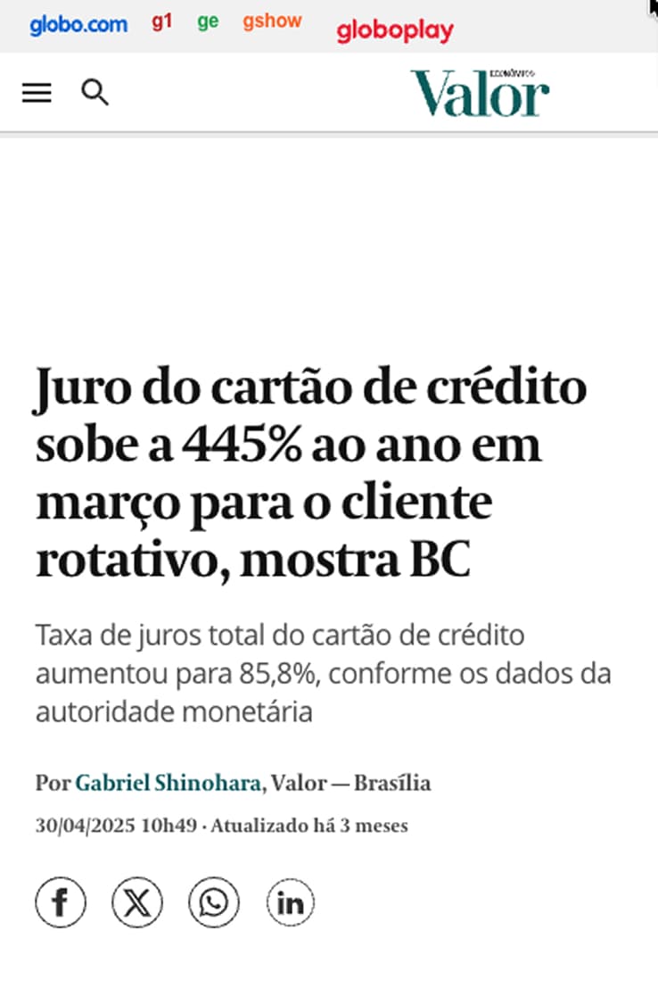 Agência Brasil — Juros do cartão de crédito rotativo avançam e chegam a 445% ao ano