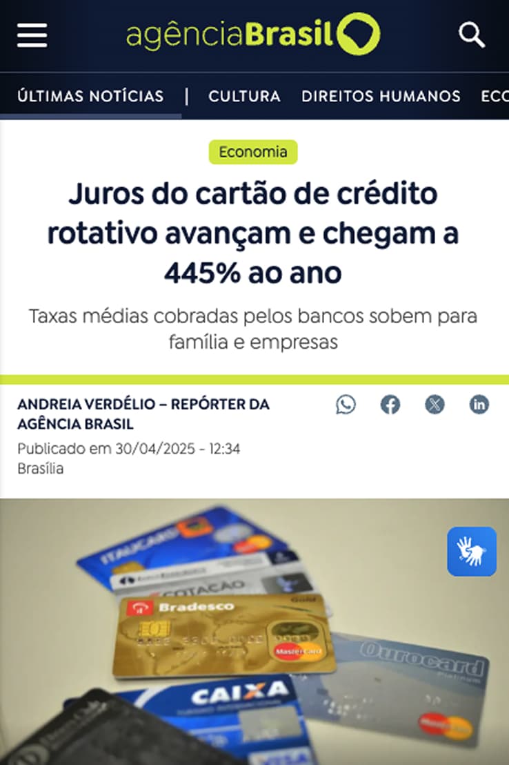 Valor Econômico — Juro do cartão de crédito sobe a 445% ao ano em março para o cliente rotativo