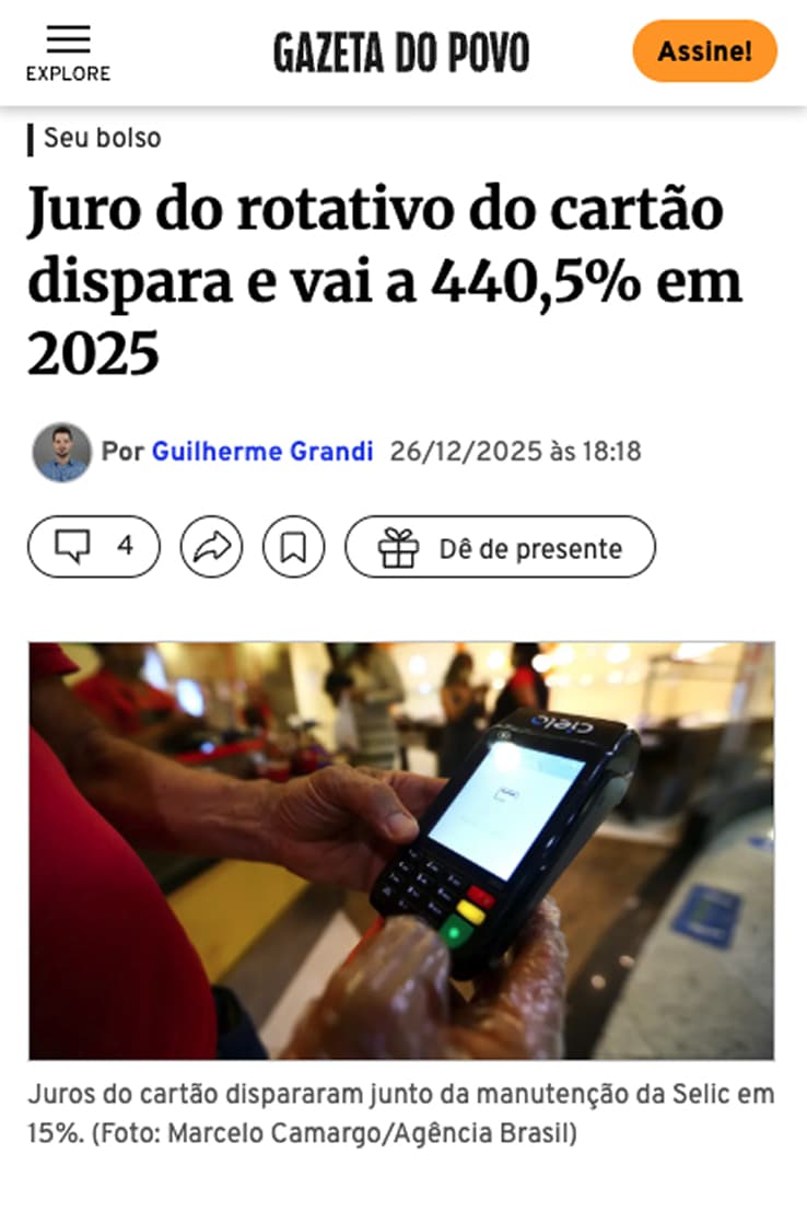 Gazeta do Povo — Juro rotativo do cartão dispara e vai a 440,5% em 2025
