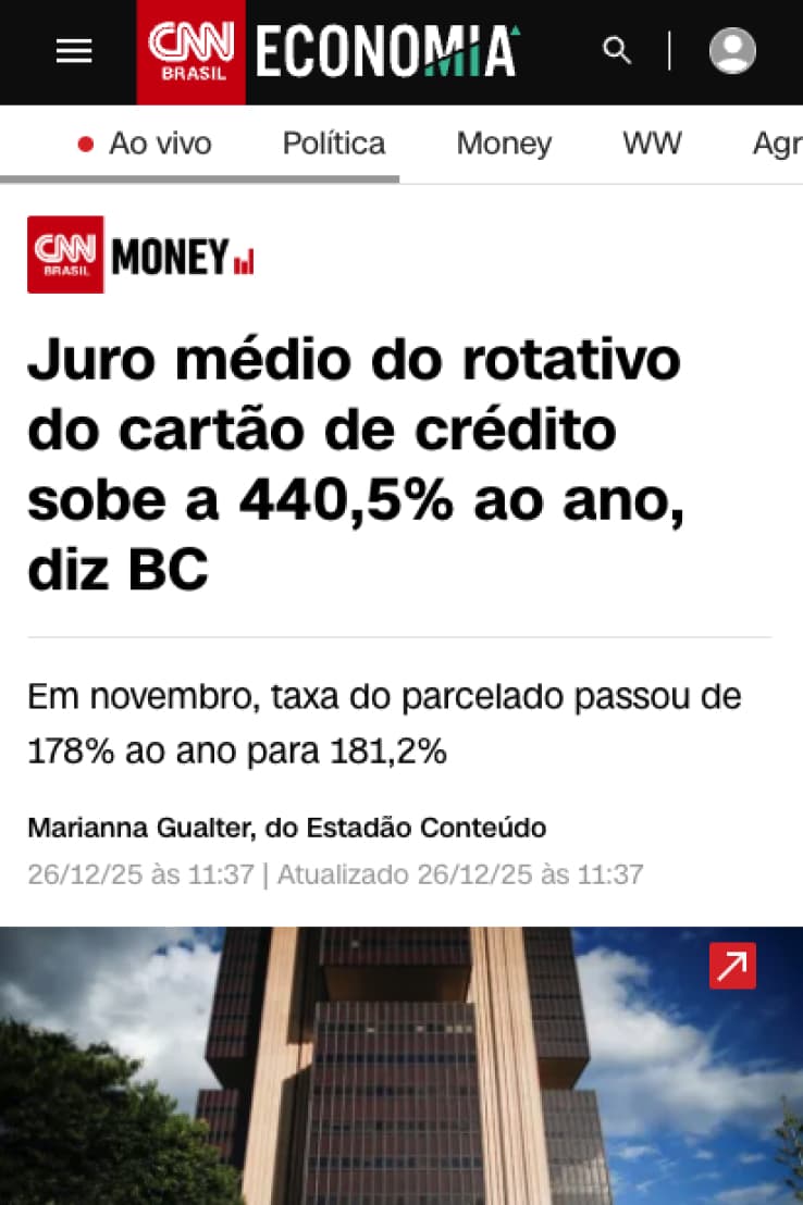 CNN Brasil — Juro médio do rotativo do cartão de crédito sobe a 440,5% ao ano, diz BC