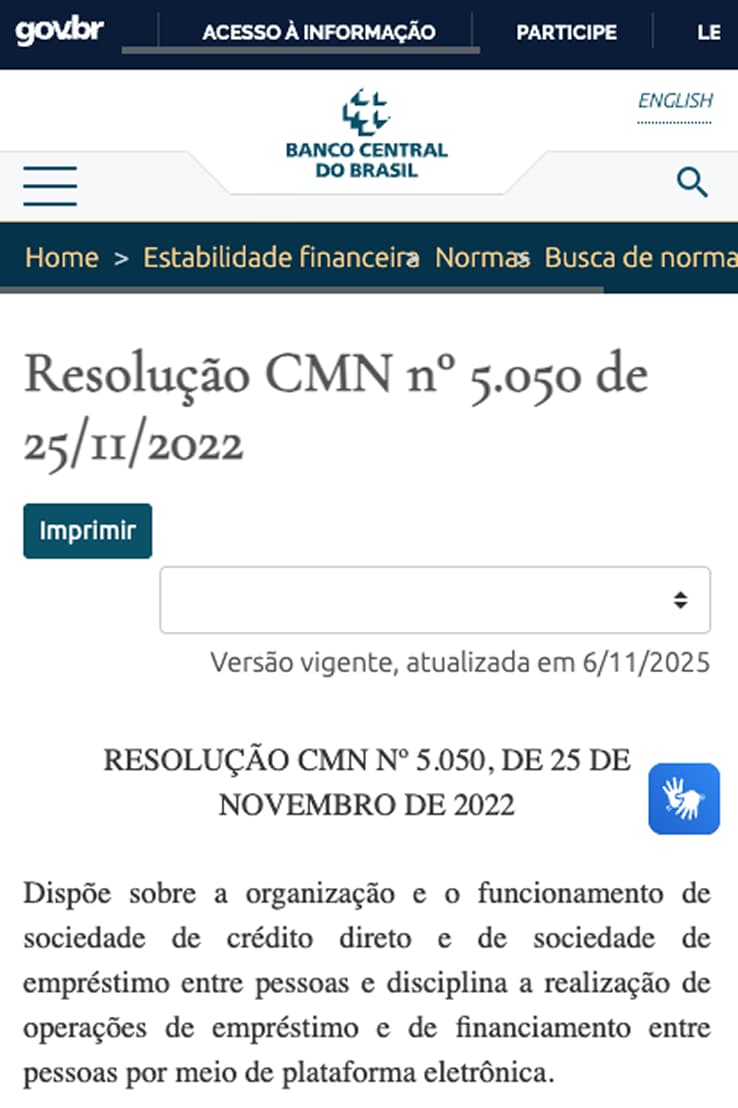 Banco Central do Brasil — Resolução nº 5.050 — regulamentação do empréstimo direto entre pessoas e empresas (P2P Lending)
